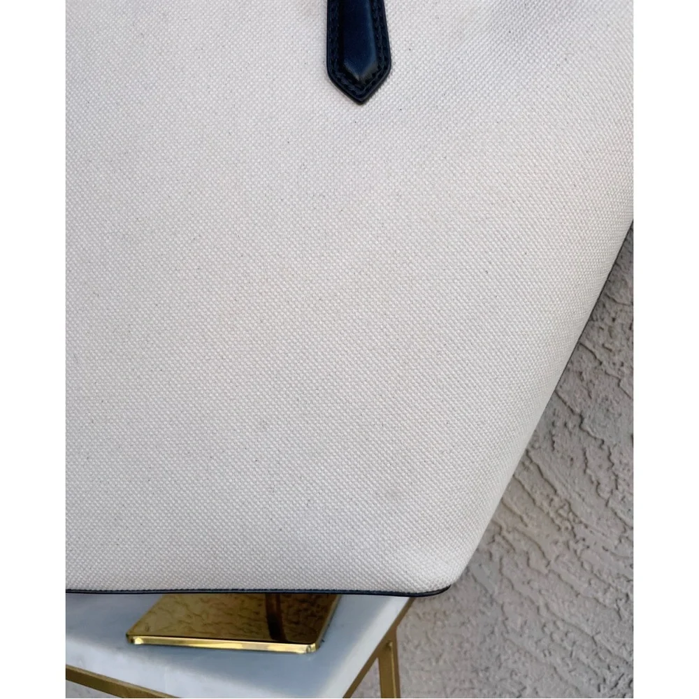 MICHAEL KORS Neutral Cream & Black Large Canvas Leather Kimber Logo Tote Bag